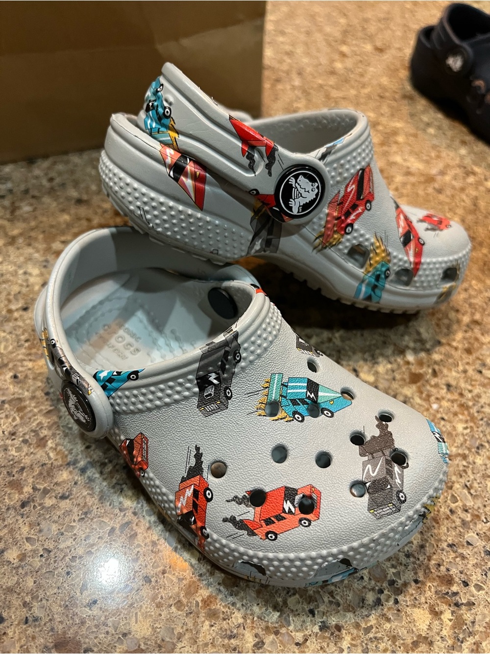CROCS Baby - Light Gray Clogs with Red, Blue and Black Race Car Print